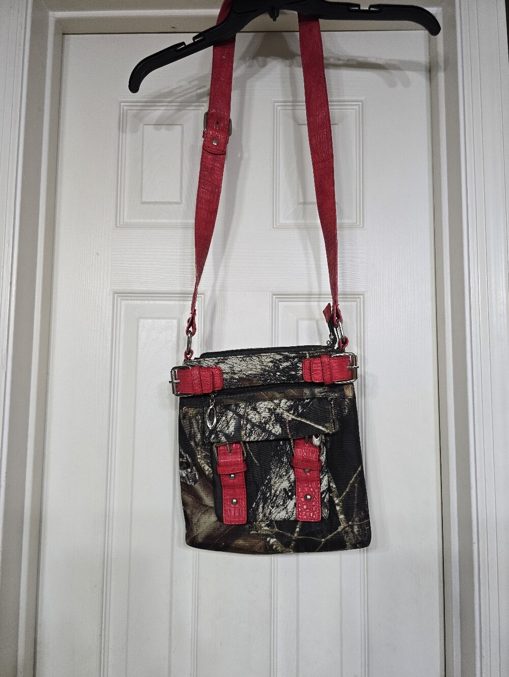 Camouflage Crossbody Bag with Red Accents